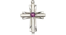 [0675YSS-STN2] Sterling Silver Cross Medal with a 3mm Amethyst Swarovski stone