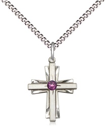 [0675YSS-STN2/18S] Sterling Silver Cross Pendant with a 3mm Amethyst Swarovski stone on a 18 inch Light Rhodium Light Curb chain