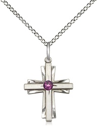 [0675YSS-STN2/18SS] Sterling Silver Cross Pendant with a 3mm Amethyst Swarovski stone on a 18 inch Sterling Silver Light Curb chain