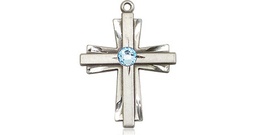 [0675YSS-STN3] Sterling Silver Cross Medal with a 3mm Aqua Swarovski stone