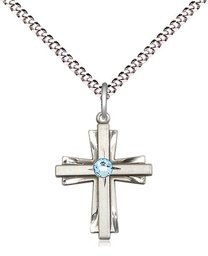 [0675YSS-STN3/18S] Sterling Silver Cross Pendant with a 3mm Aqua Swarovski stone on a 18 inch Light Rhodium Light Curb chain