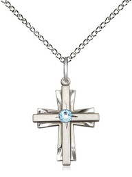 [0675YSS-STN3/18SS] Sterling Silver Cross Pendant with a 3mm Aqua Swarovski stone on a 18 inch Sterling Silver Light Curb chain