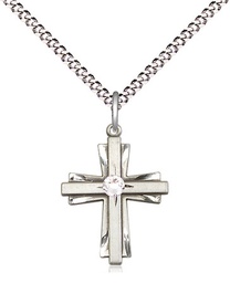 [0675YSS-STN4/18S] Sterling Silver Cross Pendant with a 3mm Crystal Swarovski stone on a 18 inch Light Rhodium Light Curb chain