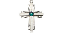 [0675YSS-STN5] Sterling Silver Cross Medal with a 3mm Emerald Swarovski stone