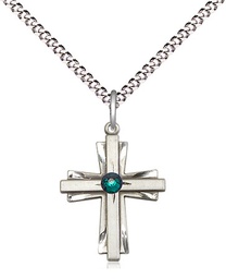 [0675YSS-STN5/18S] Sterling Silver Cross Pendant with a 3mm Emerald Swarovski stone on a 18 inch Light Rhodium Light Curb chain