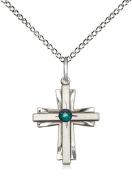 [0675YSS-STN5/18SS] Sterling Silver Cross Pendant with a 3mm Emerald Swarovski stone on a 18 inch Sterling Silver Light Curb chain