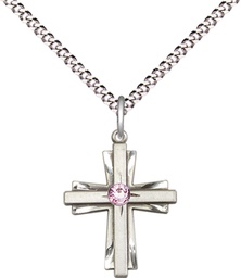 [0675YSS-STN6/18S] Sterling Silver Cross Pendant with a 3mm Light Amethyst Swarovski stone on a 18 inch Light Rhodium Light Curb chain