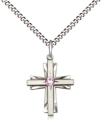 [0675YSS-STN6/18S] Sterling Silver Cross Pendant with a 3mm Light Amethyst Swarovski stone on a 18 inch Light Rhodium Light Curb chain