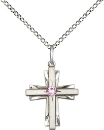 [0675YSS-STN6/18SS] Sterling Silver Cross Pendant with a 3mm Light Amethyst Swarovski stone on a 18 inch Sterling Silver Light Curb chain