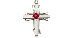 [0675YSS-STN7] Sterling Silver Cross Medal with a 3mm Ruby Swarovski stone