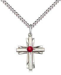 [0675YSS-STN7/18S] Sterling Silver Cross Pendant with a 3mm Ruby Swarovski stone on a 18 inch Light Rhodium Light Curb chain