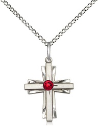 [0675YSS-STN7/18SS] Sterling Silver Cross Pendant with a 3mm Ruby Swarovski stone on a 18 inch Sterling Silver Light Curb chain