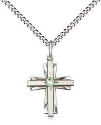 [0675YSS-STN8/18S] Sterling Silver Cross Pendant with a 3mm Peridot Swarovski stone on a 18 inch Light Rhodium Light Curb chain