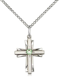 [0675YSS-STN8/18SS] Sterling Silver Cross Pendant with a 3mm Peridot Swarovski stone on a 18 inch Sterling Silver Light Curb chain