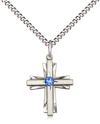 [0675YSS-STN9/18S] Sterling Silver Cross Pendant with a 3mm Sapphire Swarovski stone on a 18 inch Light Rhodium Light Curb chain