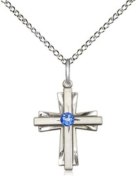 [0675YSS-STN9/18SS] Sterling Silver Cross Pendant with a 3mm Sapphire Swarovski stone on a 18 inch Sterling Silver Light Curb chain