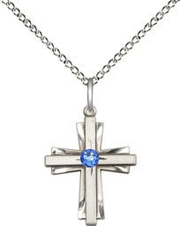 [0675YSS-STN9/18SS] Sterling Silver Cross Pendant with a 3mm Sapphire Swarovski stone on a 18 inch Sterling Silver Light Curb chain
