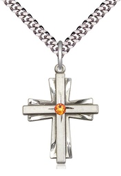 [0676YSS-STN11/24S] Sterling Silver Cross Pendant with a 3mm Topaz Swarovski stone on a 24 inch Light Rhodium Heavy Curb chain