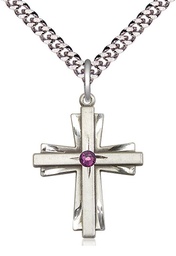 [0676YSS-STN2/24S] Sterling Silver Cross Pendant with a 3mm Amethyst Swarovski stone on a 24 inch Light Rhodium Heavy Curb chain