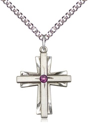 [0676YSS-STN2/24SS] Sterling Silver Cross Pendant with a 3mm Amethyst Swarovski stone on a 24 inch Sterling Silver Heavy Curb chain