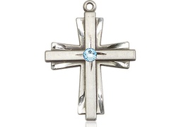 [0676YSS-STN3] Sterling Silver Cross Medal with a 3mm Aqua Swarovski stone