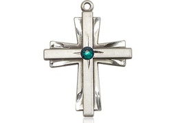 [0676YSS-STN5] Sterling Silver Cross Medal with a 3mm Emerald Swarovski stone