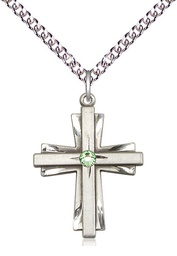 [0676YSS-STN8/24SS] Sterling Silver Cross Pendant with a 3mm Peridot Swarovski stone on a 24 inch Sterling Silver Heavy Curb chain