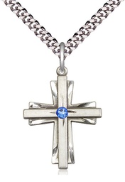 [0676YSS-STN9/24S] Sterling Silver Cross Pendant with a 3mm Sapphire Swarovski stone on a 24 inch Light Rhodium Heavy Curb chain