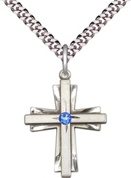 [0676YSS-STN9/24S] Sterling Silver Cross Pendant with a 3mm Sapphire Swarovski stone on a 24 inch Light Rhodium Heavy Curb chain