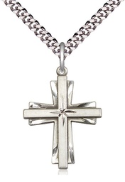 [0676YSS/24S] Sterling Silver Cross Pendant on a 24 inch Light Rhodium Heavy Curb chain