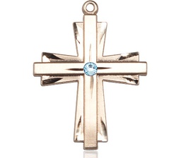 [0677YGF-STN3] 14kt Gold Filled Cross Medal with a 3mm Aqua Swarovski stone