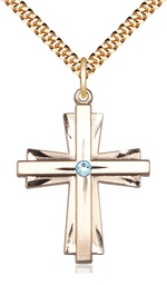 [0677YGF-STN3/24G] 14kt Gold Filled Cross Pendant with a 3mm Aqua Swarovski stone on a 24 inch Gold Plate Heavy Curb chain