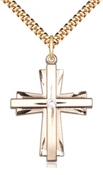 [0677YGF-STN4/24G] 14kt Gold Filled Cross Pendant with a 3mm Crystal Swarovski stone on a 24 inch Gold Plate Heavy Curb chain