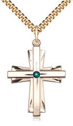 [0677YGF-STN5/24G] 14kt Gold Filled Cross Pendant with a 3mm Emerald Swarovski stone on a 24 inch Gold Plate Heavy Curb chain