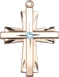 [0677YKT-STN3] 14kt Gold Cross Medal with a 3mm Aqua Swarovski stone