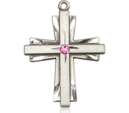 [0677YSS-STN10] Sterling Silver Cross Medal with a 3mm Rose Swarovski stone