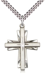 [0677YSS-STN4/24S] Sterling Silver Cross Pendant with a 3mm Crystal Swarovski stone on a 24 inch Light Rhodium Heavy Curb chain