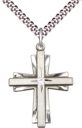 [0677YSS-STN4/24S] Sterling Silver Cross Pendant with a 3mm Crystal Swarovski stone on a 24 inch Light Rhodium Heavy Curb chain