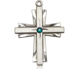 [0677YSS-STN5] Sterling Silver Cross Medal with a 3mm Emerald Swarovski stone