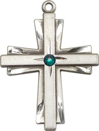 [0677YSS-STN5] Sterling Silver Cross Medal with a 3mm Emerald Swarovski stone