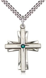 [0677YSS-STN5/24S] Sterling Silver Cross Pendant with a 3mm Emerald Swarovski stone on a 24 inch Light Rhodium Heavy Curb chain