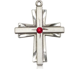 [0677YSS-STN7] Sterling Silver Cross Medal with a 3mm Ruby Swarovski stone