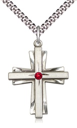 [0677YSS-STN7/24S] Sterling Silver Cross Pendant with a 3mm Ruby Swarovski stone on a 24 inch Light Rhodium Heavy Curb chain