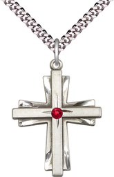 [0677YSS-STN7/24S] Sterling Silver Cross Pendant with a 3mm Ruby Swarovski stone on a 24 inch Light Rhodium Heavy Curb chain