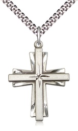 [0677YSS/24S] Sterling Silver Cross Pendant on a 24 inch Light Rhodium Heavy Curb chain