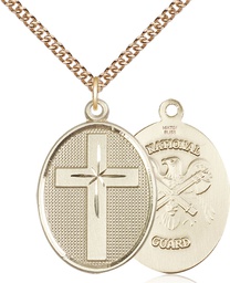 [0783GF5/24GF] 14kt Gold Filled Cross National Guard Pendant on a 24 inch Gold Filled Heavy Curb chain