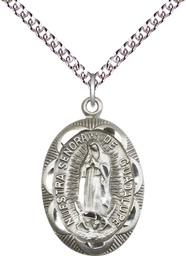 [0801FSS/24SS] Sterling Silver Our Lady of Guadalupe Pendant on a 24 inch Sterling Silver Heavy Curb chain