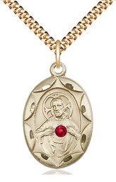 [0801SGF-STN7/24G] 14kt Gold Filled Scapular w/ Ruby Stone Pendant with a 3mm Ruby Swarovski stone on a 24 inch Gold Plate Heavy Curb chain