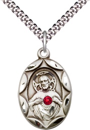 [0801SSS-STN7/24S] Sterling Silver Scapular w/ Ruby Stone Pendant with a 3mm Ruby Swarovski stone on a 24 inch Light Rhodium Heavy Curb chain