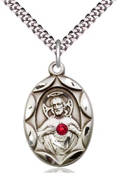[0801SSS-STN7/24S] Sterling Silver Scapular w/ Ruby Stone Pendant with a 3mm Ruby Swarovski stone on a 24 inch Light Rhodium Heavy Curb chain